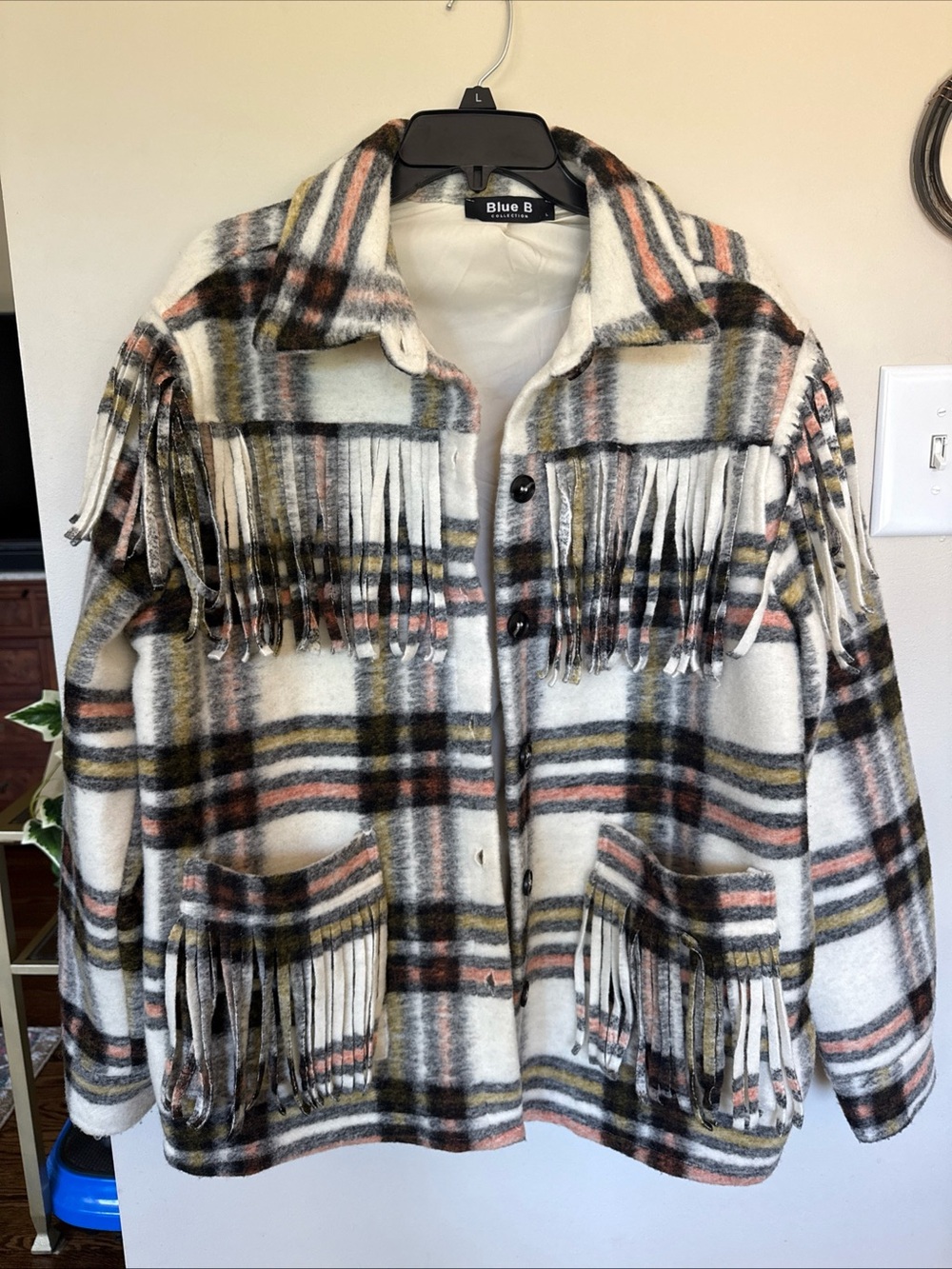 Blue B Cream Plaid Fringe Utility Jacket